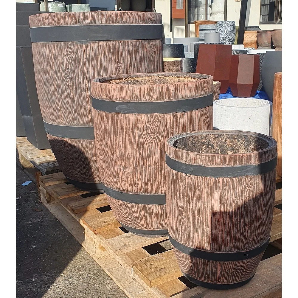 hot sale artificial tall round wood texture fiberglass concrete flower planters