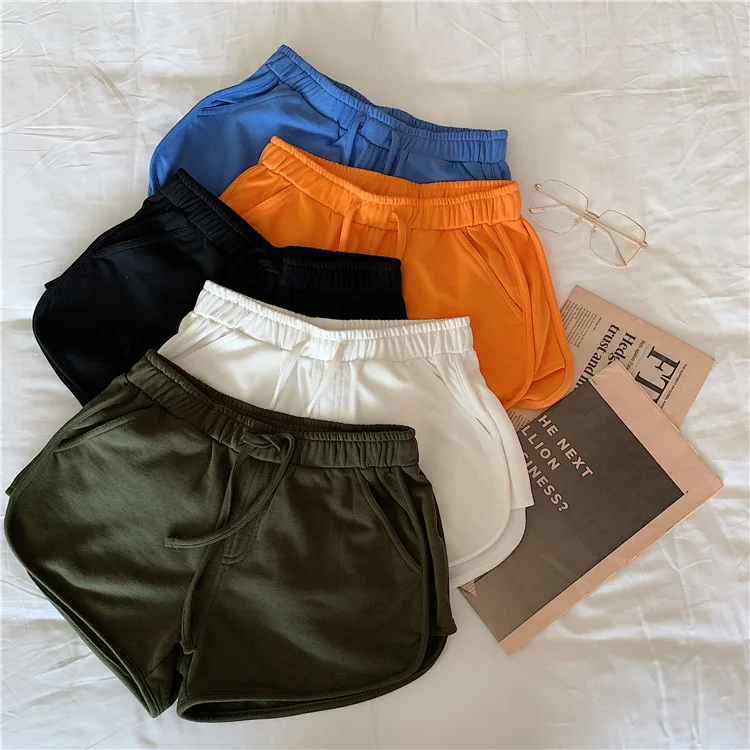 Korean summer women casual shorts home pants elastic waist pockets running sports shorts polyester