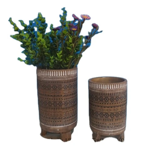 Antique Wooden Look Barrel Flower Pot Concrete Cement Flower Pot with 3 Legs for Home and Garden Decoration