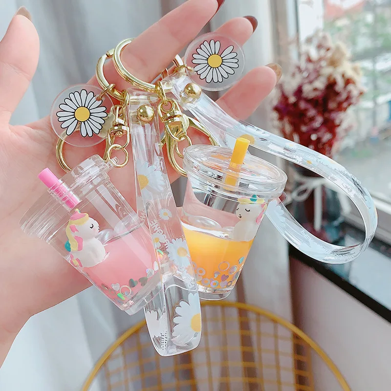 CustomMoving Liquid Quicksand Cute Keychain Charms Milk tea  Daisy Floating Keyring for Women Charm Bag Pendant Kids Gift
