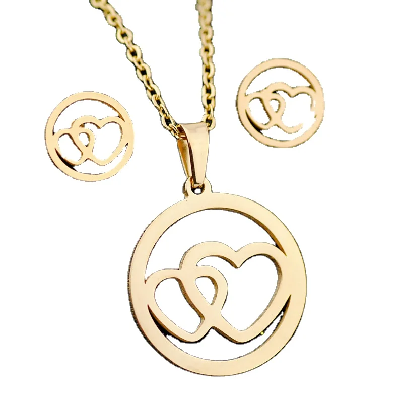 Wholesale Custom Stainless Steel Love Necklace Cut Out Round Charm Double Linked Heart Couple Necklace