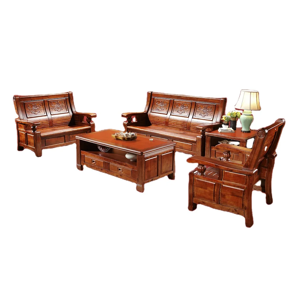 Real wood sofa mortise tenon structure carved flowers camphor wood sitting room sofa tea table sitting room furniture set