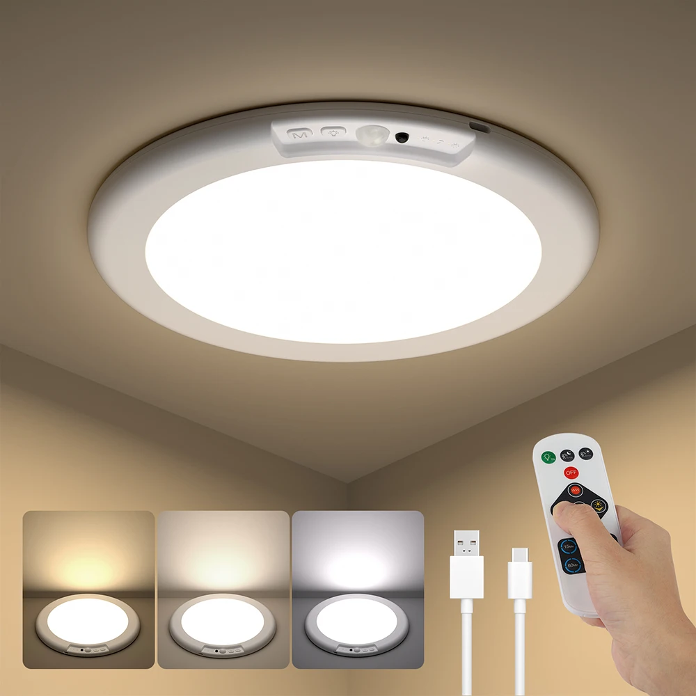 LED Battery Ceiling Light with Motion Sensor USB Rechargeable Battery Ceiling Light Dimmable Flat Lamps Ceiling Lights