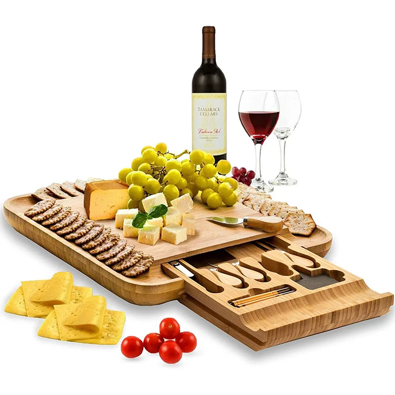 Nature eco friendly Bamboo cheese board with Sliding tray wooden cheese board and knife sets with cheese  for kitchen use