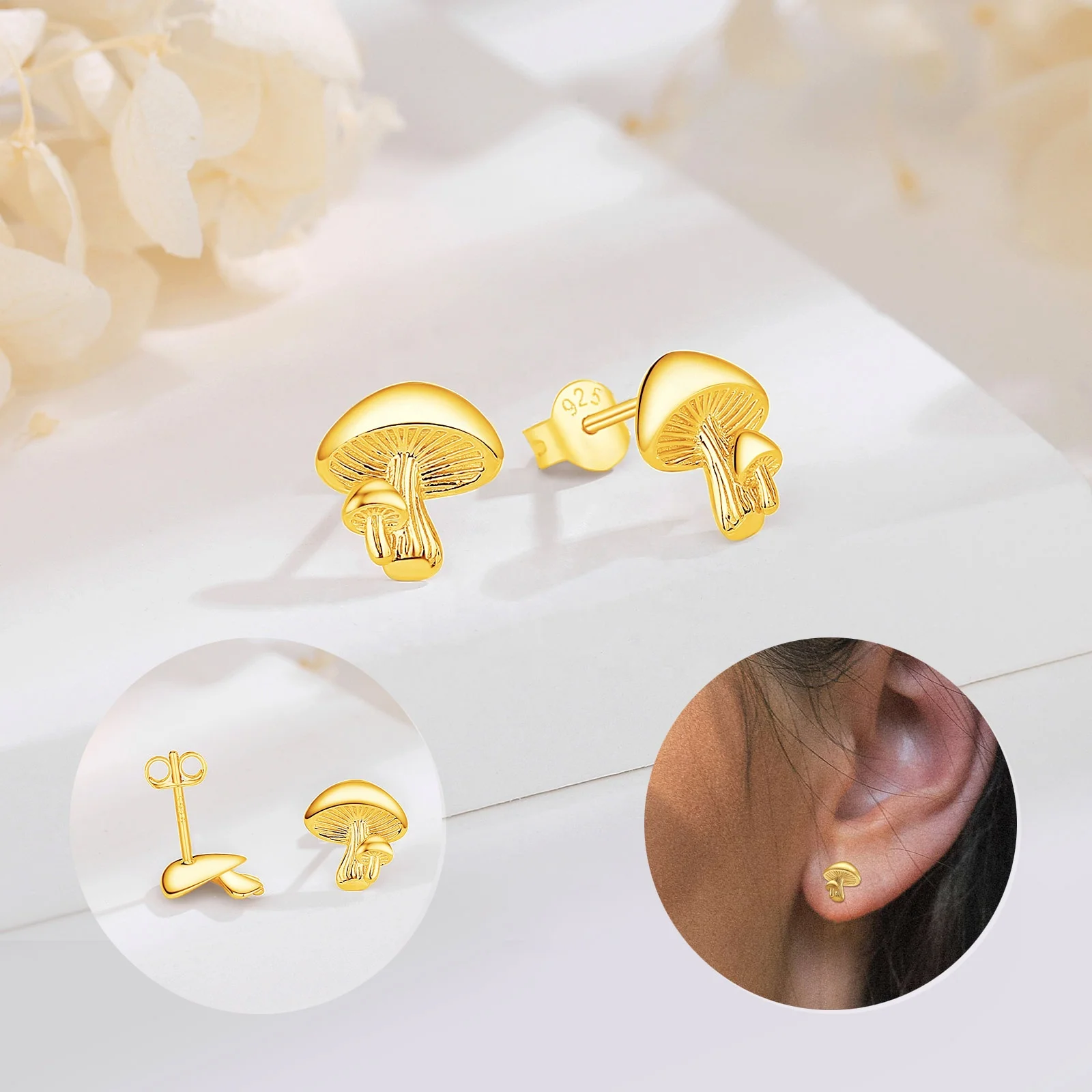 925 Sterling Silver 18K Gold Plated Jewelry Dainty Cute Fashionable Golden Small Mushroom Stud Earrings for Girls