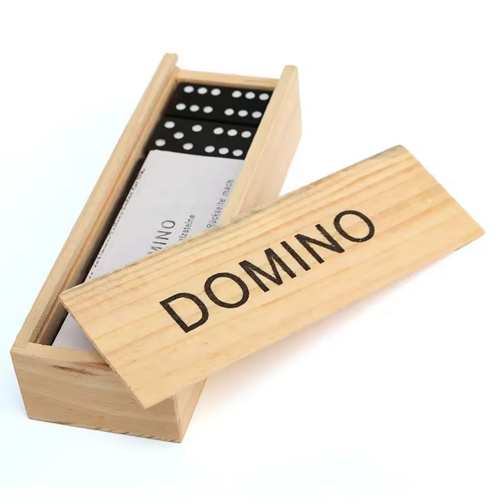 2024 new Wood Box Black Mini Wooden Domino Game Custom Carved Dragon Logo Dominoes Double 6 Train Toy Set For Sale