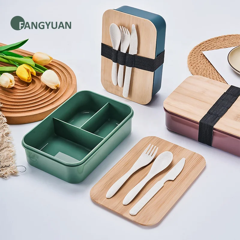 Custom logo food grade bamboo lid wheat straw leak proof bento lunch box plastic food container lunch-box for kid bpa free