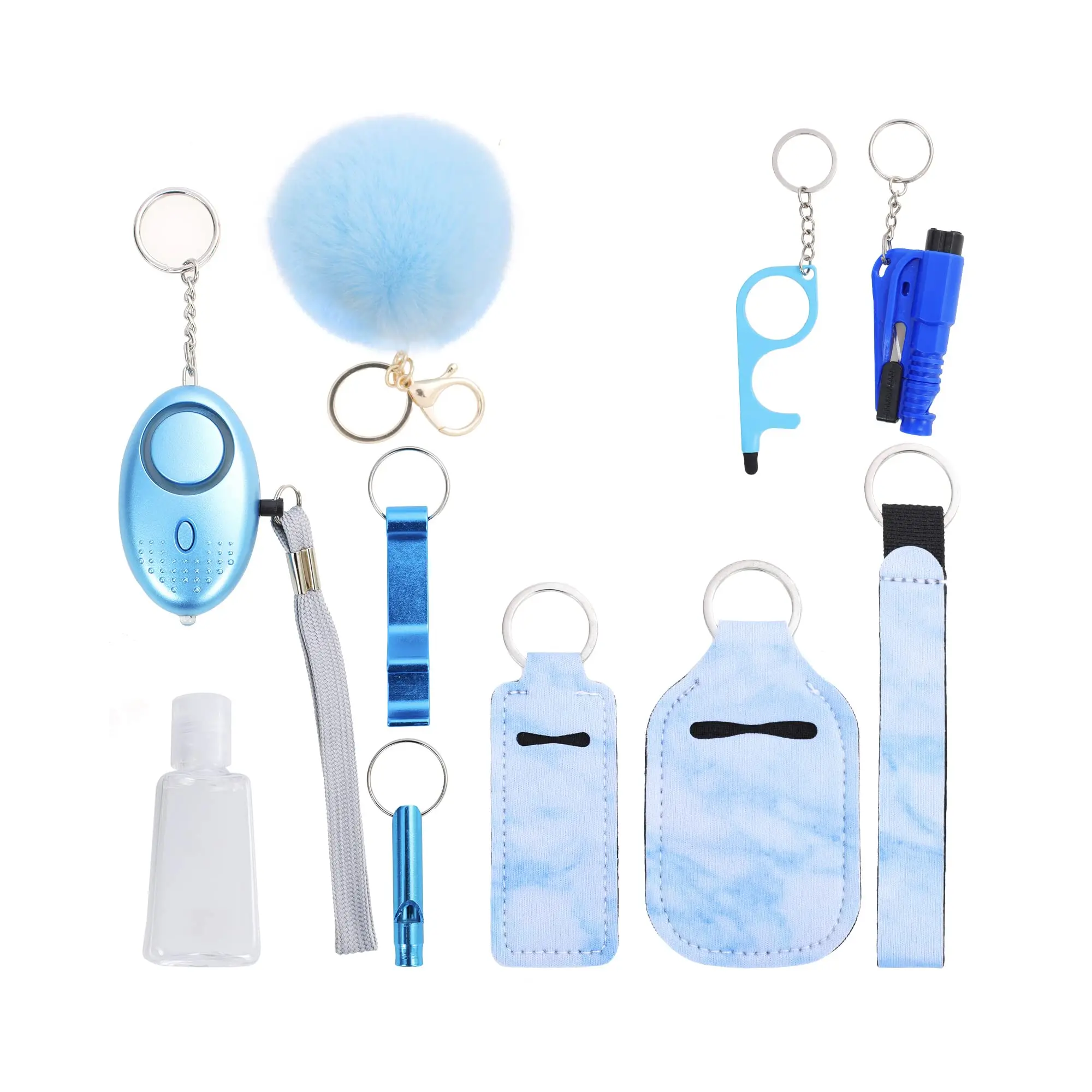 Ins Hot Sale Self defense Keychain Set for Girls with Personal Safety Alarm, Pom and Wristlet Keychain, Alarm with Flashlight