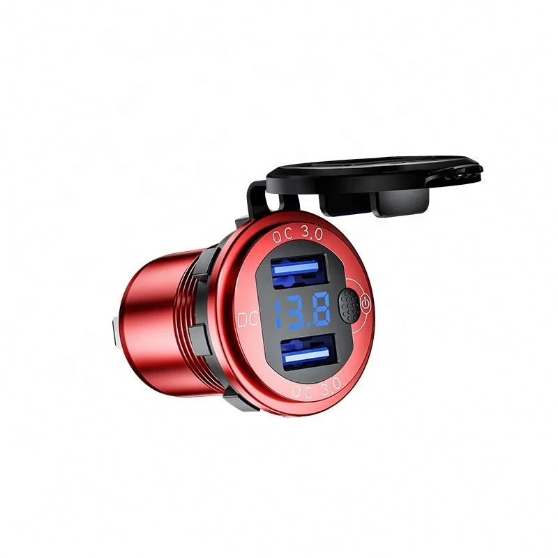 12V/24V Waterproof Dual QC3.0 USB Car Charger socket with LED Digital Voltmeter and ON-OFF switch