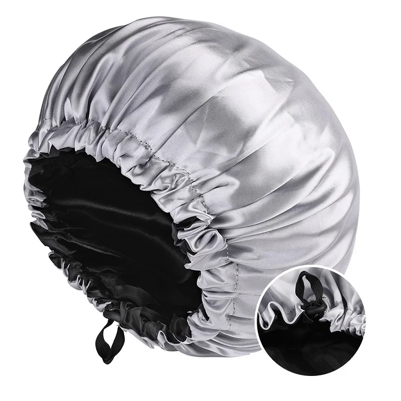 2022 Custom Logo Lady ECO Reusable Shower Cap Double Layer Women Satin Silk Lined Sleep Cap