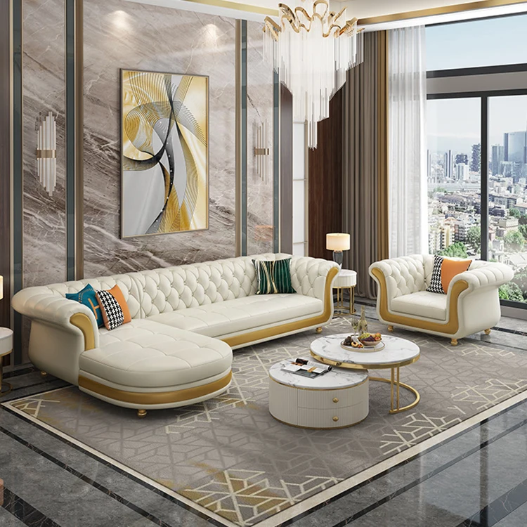Royal Luxury Sofa Living Room Furniture Leather Sectional Couch L Shaped Chesterfield Sofa Set