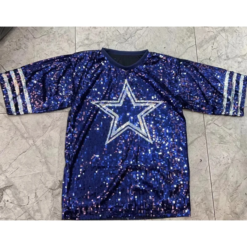 Cowboy Inspired Quarterback Fan Jersey Star Sequin Tunic Dresses Plus Size Women Jersey Dress Gameday Glam Sequin T-Shirt Dress