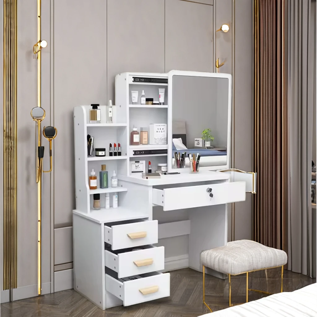 customized modern design mdf makeup wooden table girls dressing table makeup vanities with sliding mirror and drawers