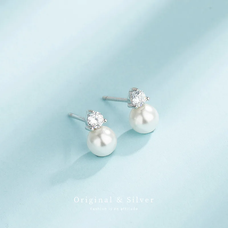 
Luxury Jewelry Shining CZ Pearl Stud Earrings Exquisite Cubic Zirconia Crystal 925 Silver Pearl Stud Earrings 2020 