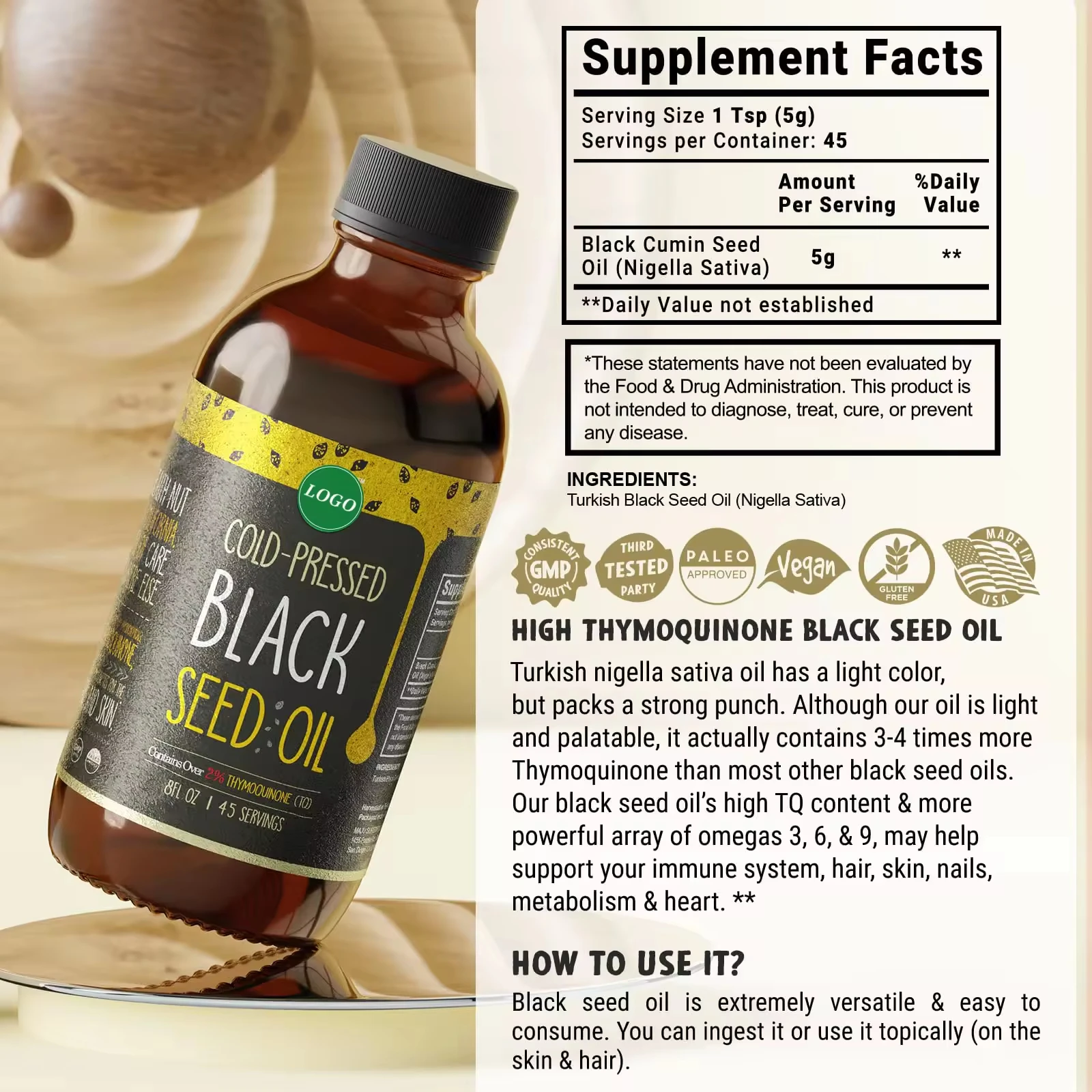 Private label  8OZ Organic Turkey Pure Boost Immunity Cold Pressed 100% Black Seed Oil 2% Thymoquinone For Health