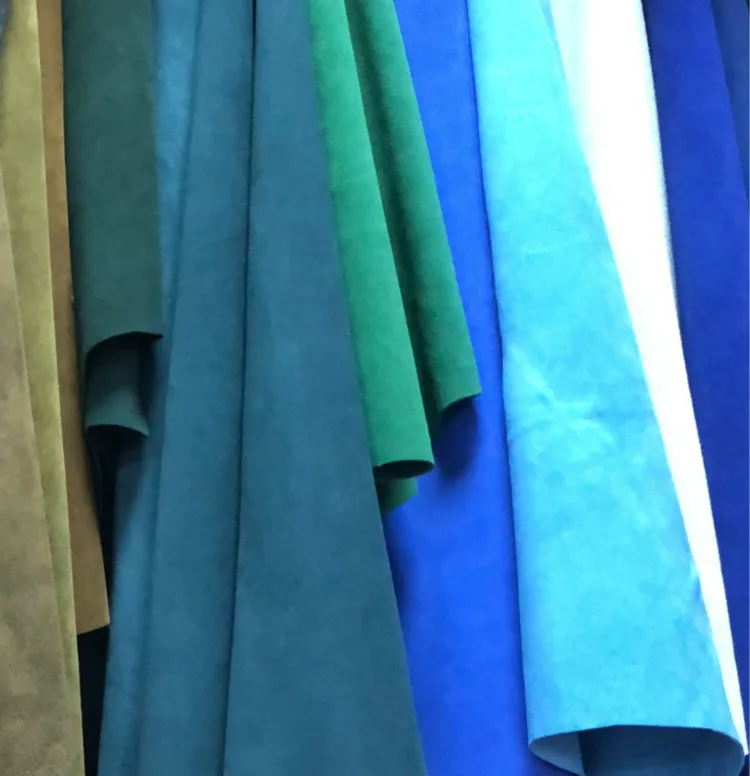 Blue green color in stock cow split suede leather for bags sport shoes upper garments jackets ext