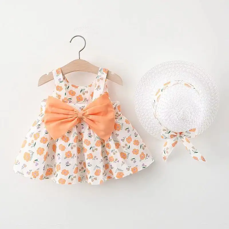 kids wholesale clothing multi print designs floral print baby girls big bow casual dresses infant clothes with free hat
