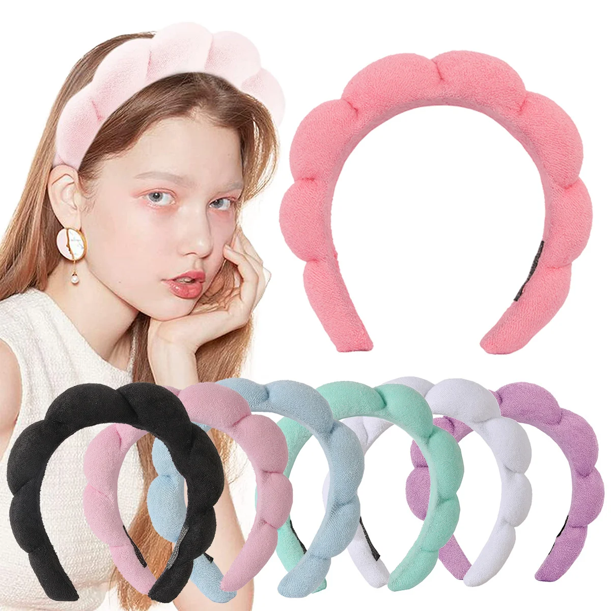 Luma Custom logo soft puffy padded terry hair bands towel cloth fabric wrist head band set vintage makeup sponge spa headbands