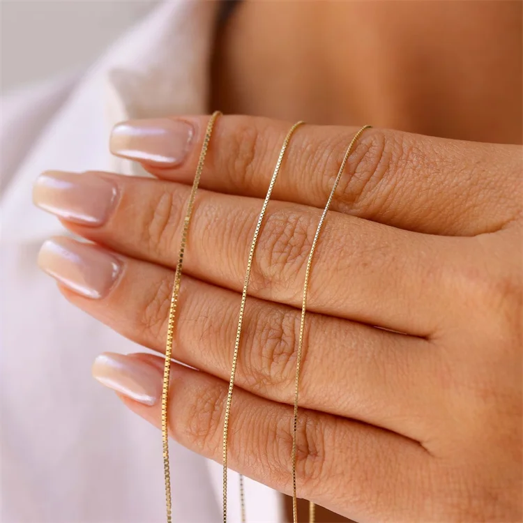dainty 14k gold vermeil solid 925 sterling silver box chain necklace with custom logo engrave tags