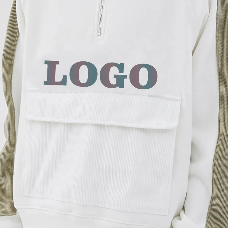 wholesale custom logo pockets design heavy weight hoodies zip fly crew neck men patchwork reflective corduroy sweatshirt