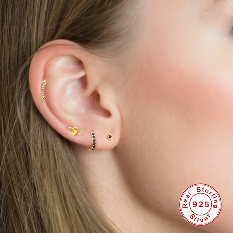 QLEESI Women Jewelry S925 Sterling Silver White Black Diamond Snake Shape Hoop Stud Earrings Set