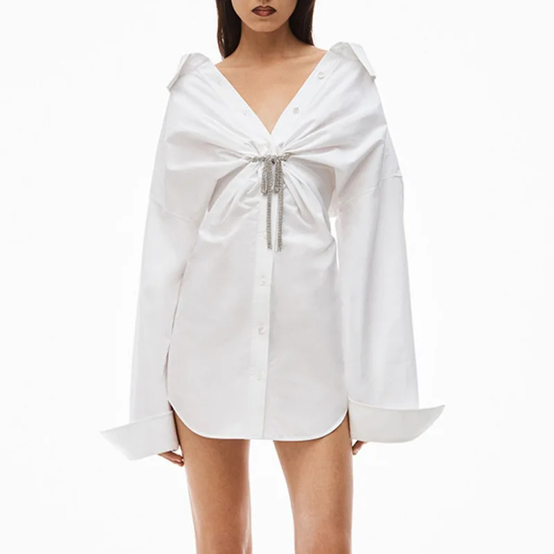 Custom Design White Long Sleeve Shirt Dress Fashion Lapel Bowknot