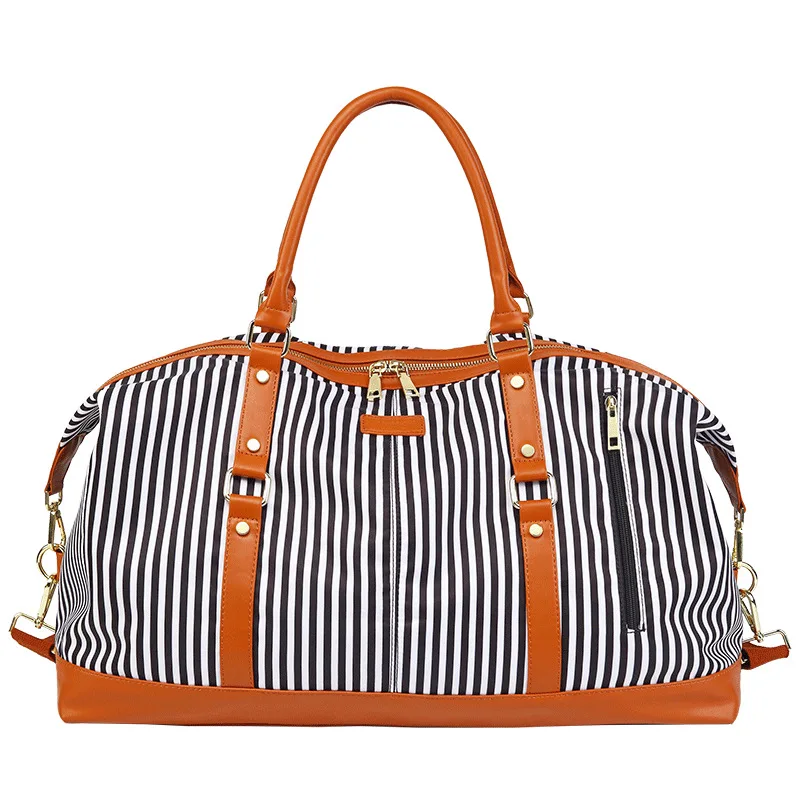 Fashion Waterproof Large Capacity Sports Gym Personalized  Stripe Oxford Cloth Pu business Customized Hand Travel Bag