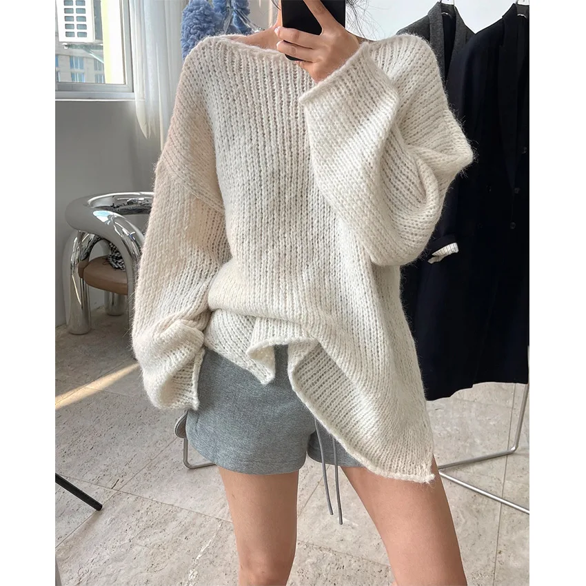 Spring Pullover Sweater O-Neck Casual Top in Solid Pattern Thick Needle Long and Knitted in Polyester