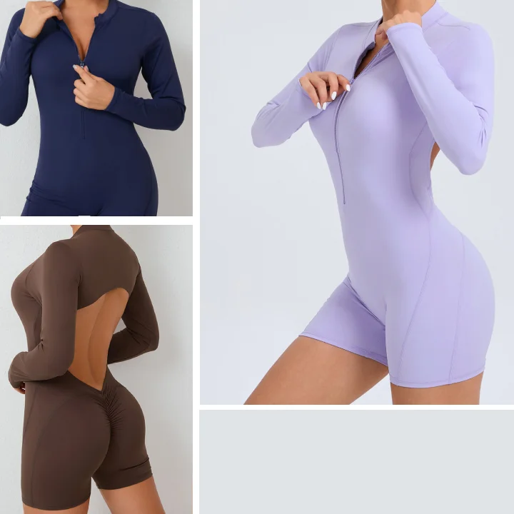 Hollow back half-open zipper jumpsuit peach buttocks sports fitness big backless quick-drying one-piece yoga clothing