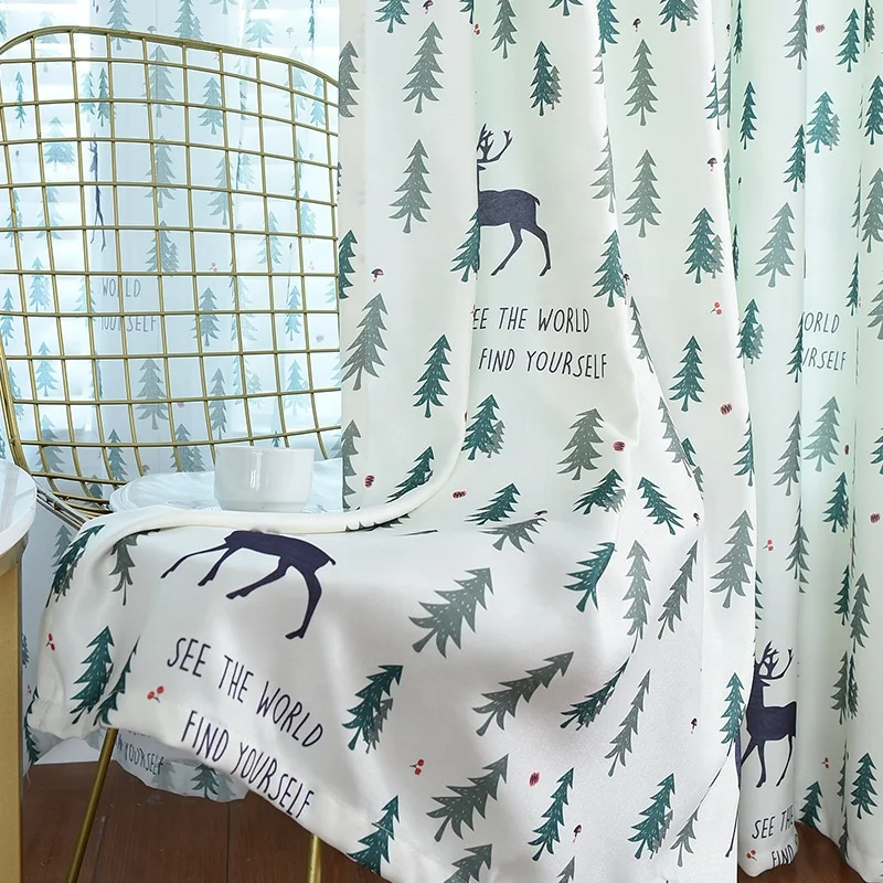 Nordic Style Christmas Milu Deer Animal And Pine Trees Print Bedroom Curtains Cartoon Plant Printed blackout thick Curtain