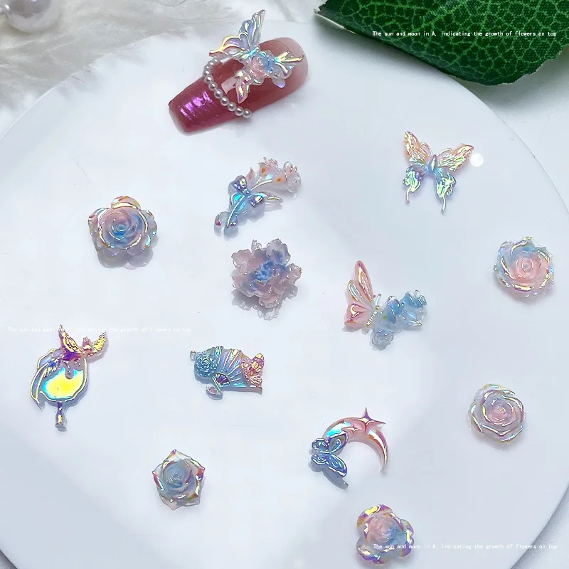 5pcs/bag Resin 3D Kitty Kawaii Aurora Butterfly Nail Charms Luxury Flower Accessories For Nail Art Decoration