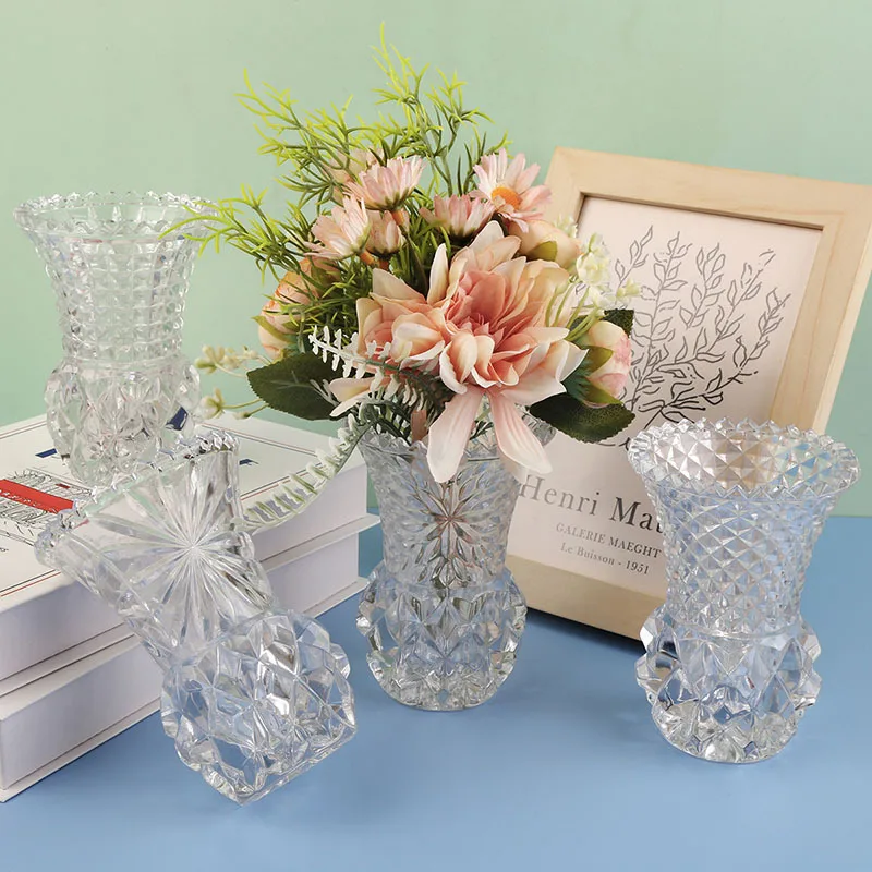 Luxury High End 3D Relief Tabletop Home Decor Flower Vases Plant Pot Transparent Crystal Glass Vase For Living Room