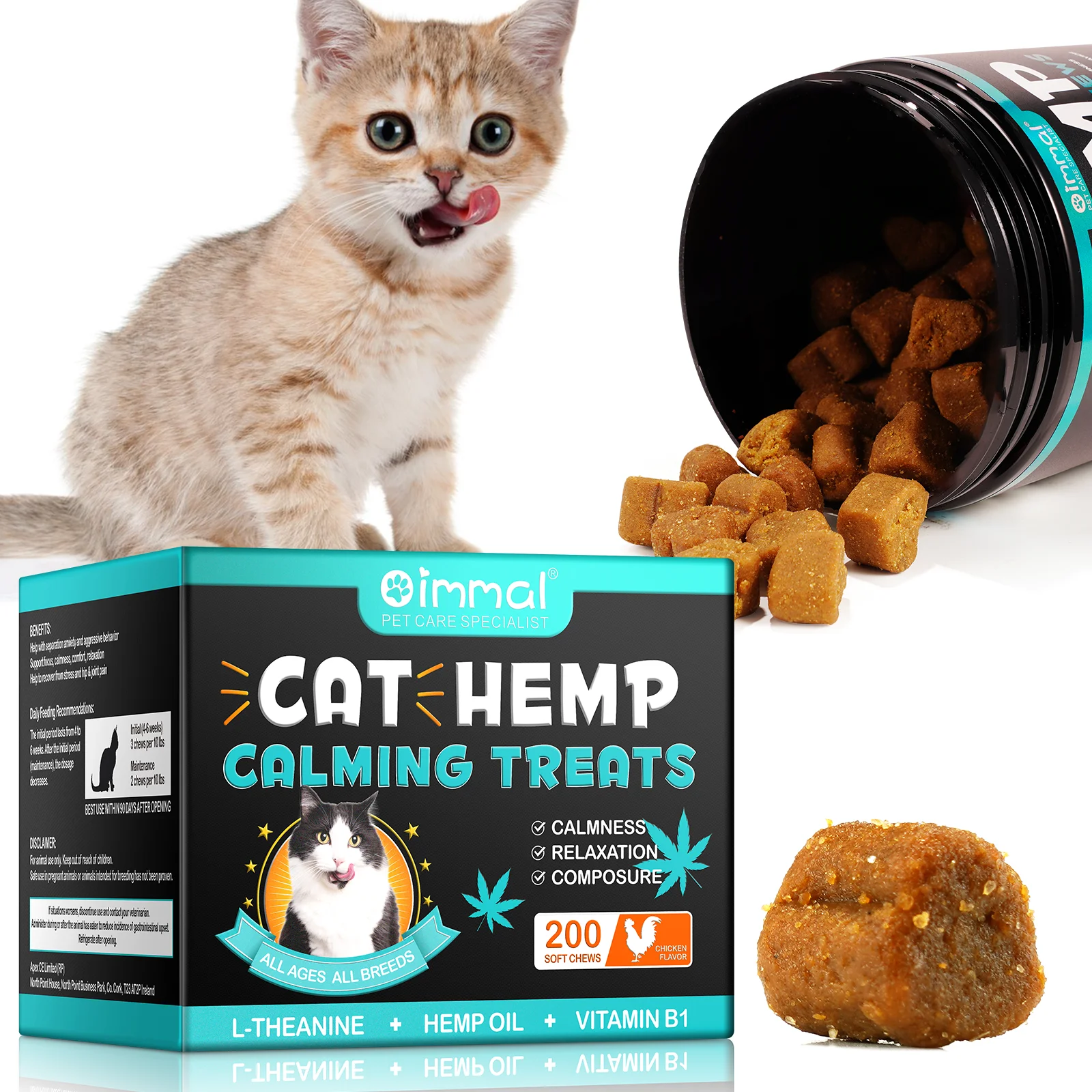 Wholesale Natural Pet Food 200 Soft Chews Chicken Flavor Hemp Calming Treats for Cats Calmness Promotes Relaxation