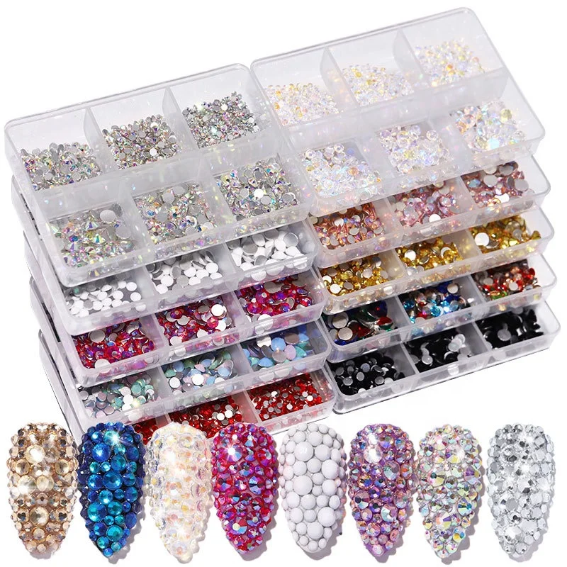 Multi-size Glass Nail Rhinestone Art Decoration Crystals for Nails Champagne 6 Grid DIY Nail Art Flat Blended AB Diamond