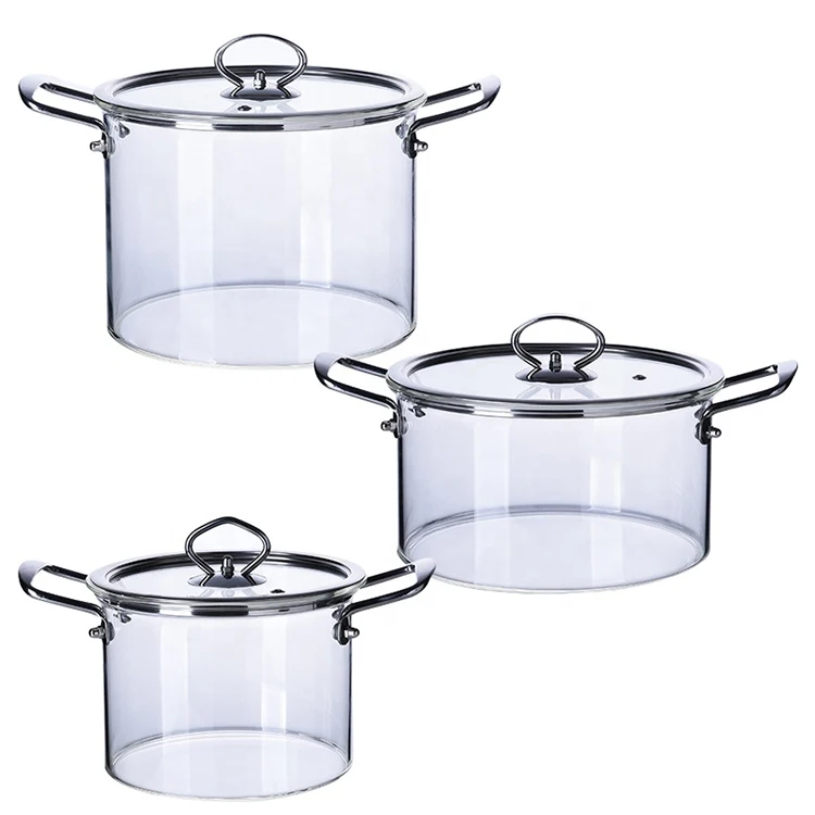new design  can be used for  of open fire borosilicate clear glass cooking pot cookware set with Stainless steel handle