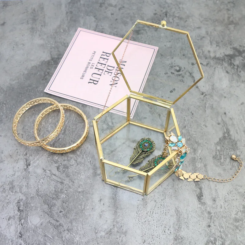 New Design Decorative Cylindrical Geometric Jewelry Glass Storage Box, Gold Glass Box