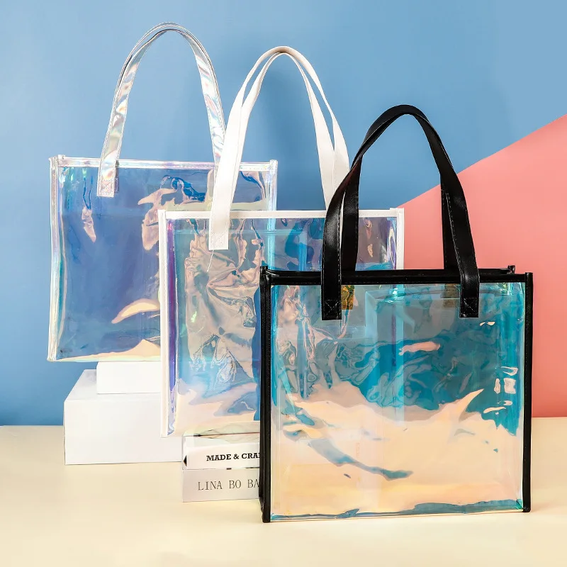 Custom Beach Bag 2023 Wholesale PVC Shopping Bag Luxury Waterproof Holographic Clear Tote Bags with Logo Women Handbags