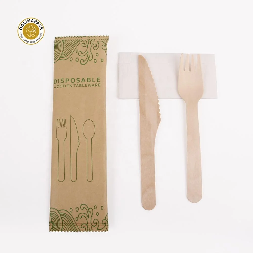 100% Eco friendly disposable 160mm wood cutlery set knives forks spoon biodegradable dinnerware utensils with box