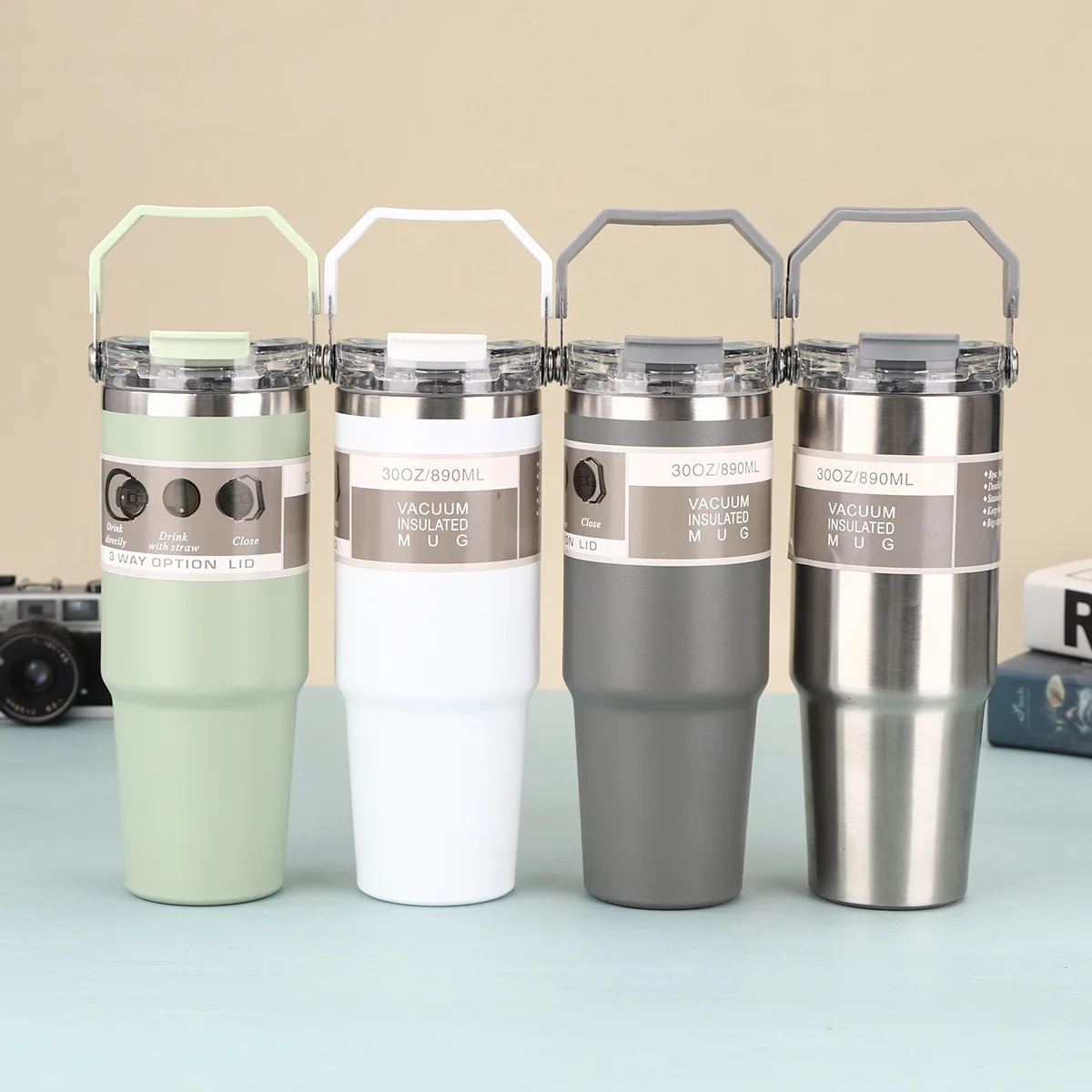 Custom Logo 30oz Powder Coated Double Wall Vacuum 304 Stainless Steel Coffee Mug Cup Travel Tumbler with Lid