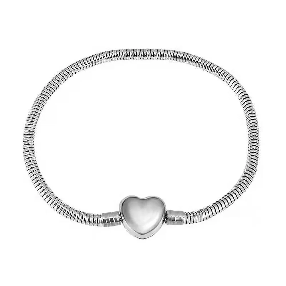 Fashion 316L stainless steel diy large hole beaded heart shaped clasp bracelet 3mm snake chain charm wrist bracelet