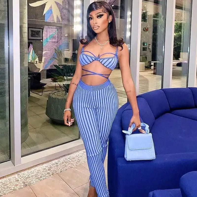 Casual women suits street wear 2022 summer fashion bandage crop bra top with tight stretch striped legging pants 2 Piece set