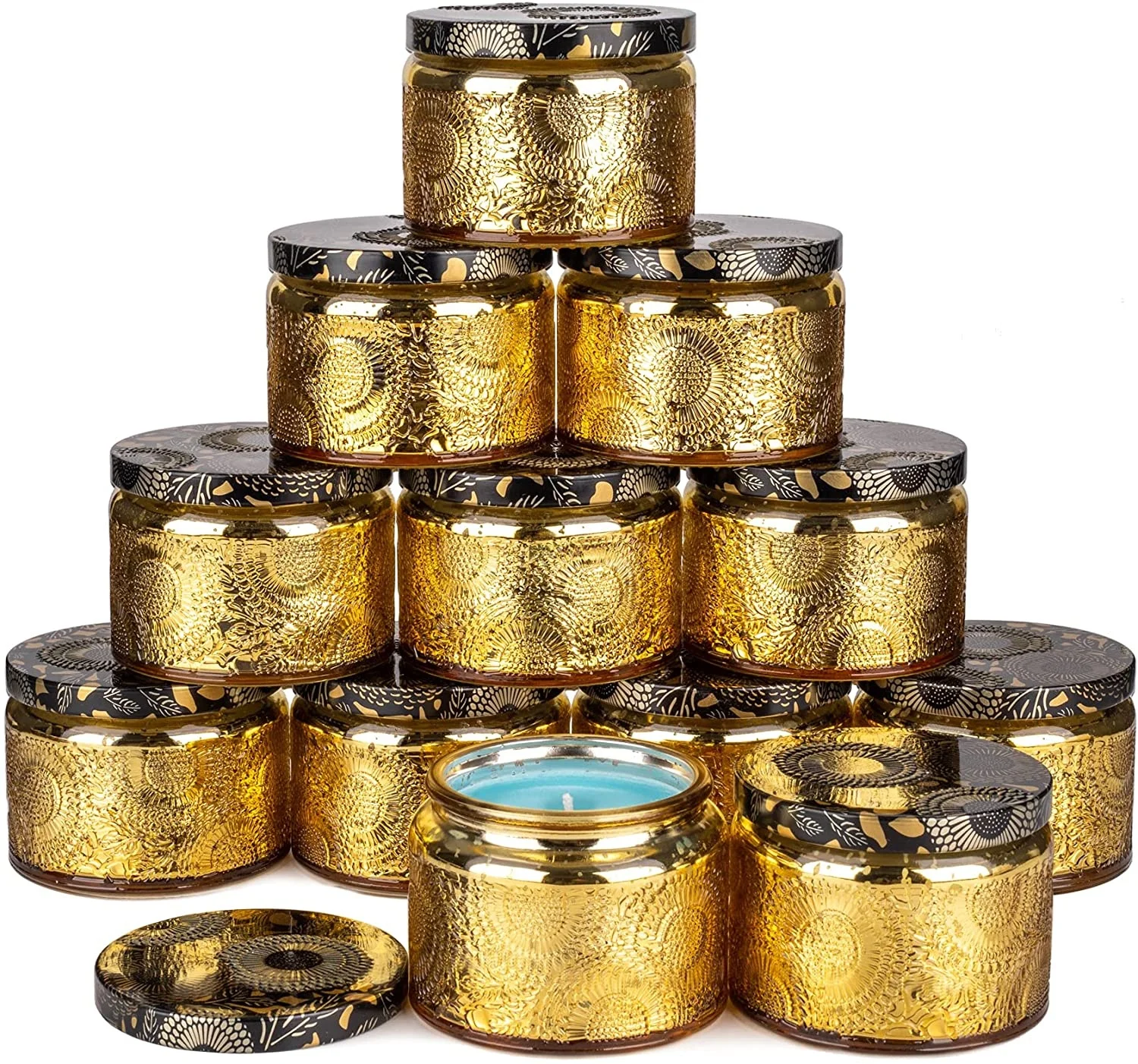 
4oz Amber Embossed Shining glass candle jar with Tin Lid and Labels 