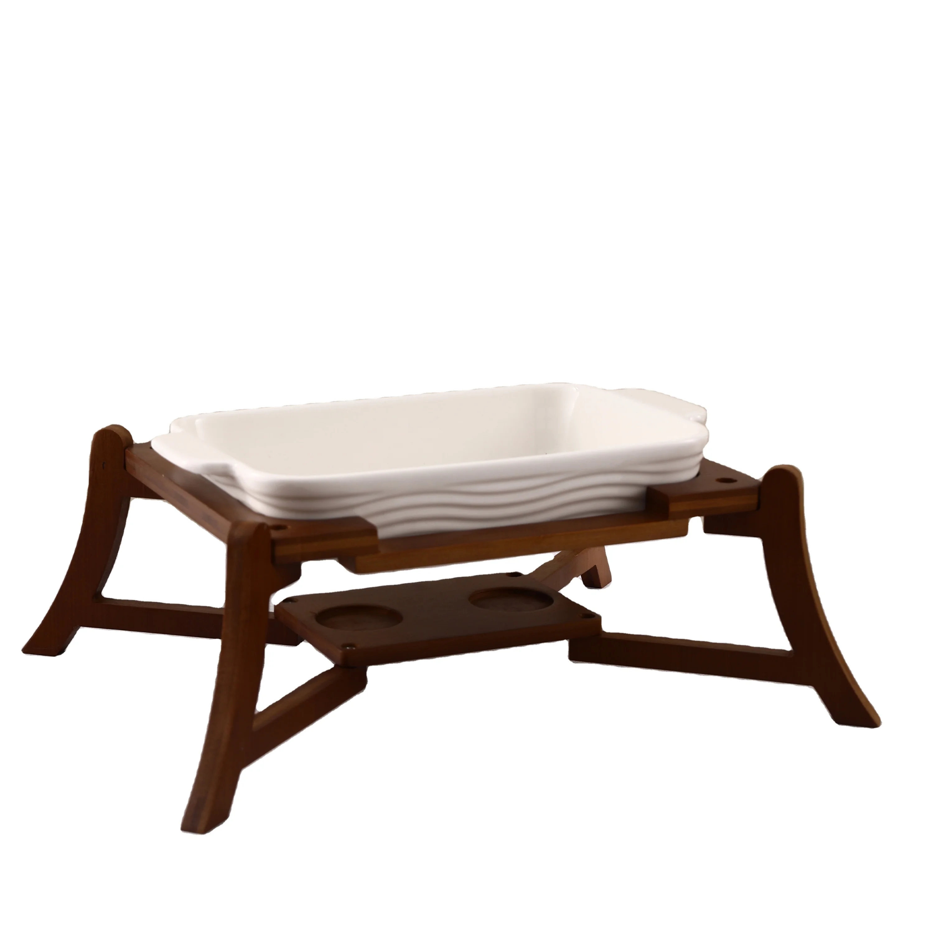 White Ceramic Food Warmer Catering Serving Chafing Dish With Wooden Candle Warmer For Buffet