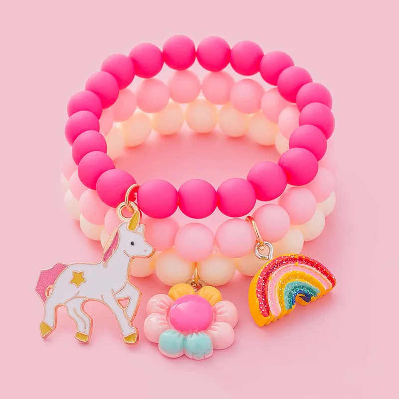 Hot Sale Handmade Pink Acrylic Beads Bracelet Set Cute Cartoon Resin Flower Rainbow Gold Enamel Unicorn Charm Bracelets