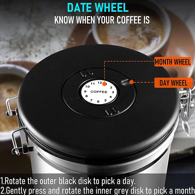 coffee canister with valve & date tracker coffee grounds beans canister stainless steel airtight coffee canister