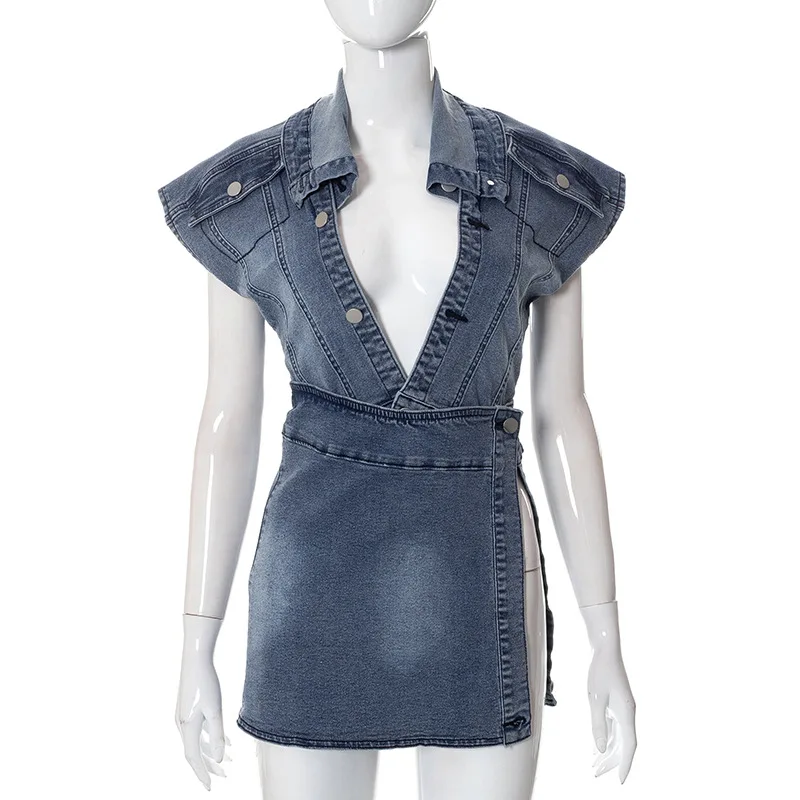 Shareee Spring Clothing 2023 Y2k Two Pieces Set Sleeveless Denim Jacket Denim Skirt Fashion Washed Denim Women 2 Pieces Set