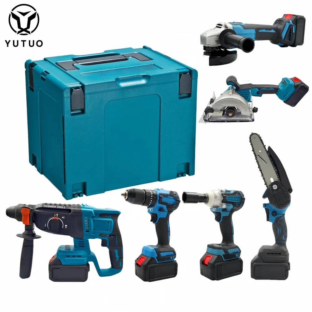 YUTUO manufacturer 6 in 1 6pcs/set li-ion lithium battery plastic box cordless brushless electric tool combo kit power tool set