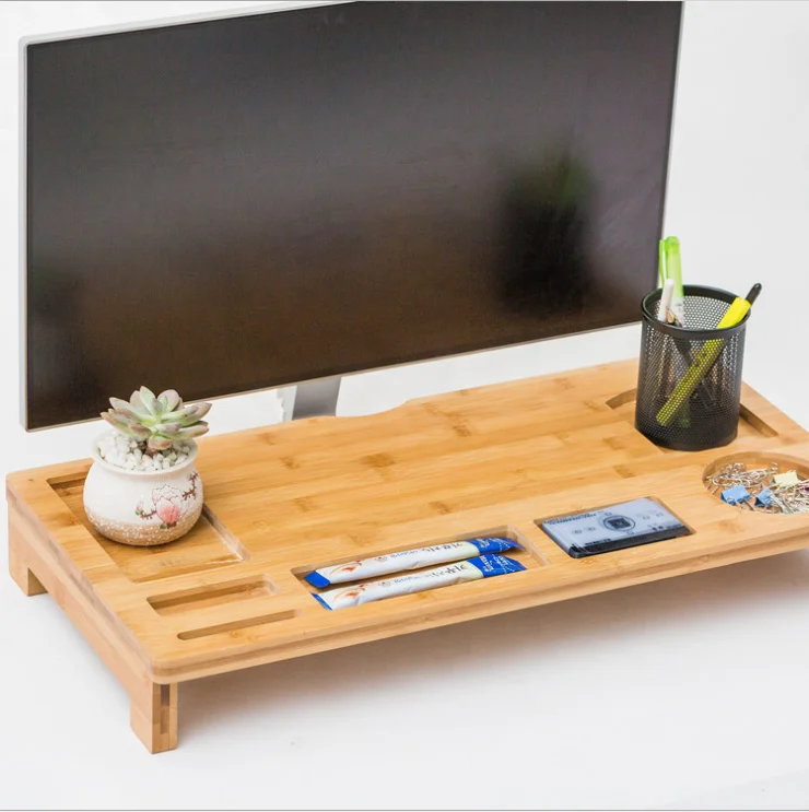 Bamboo Monitor Stand Riser with Drawers, Sturdy Desk Organizer Laptop Stand with Keyboard Storage, Office Computer Accessories