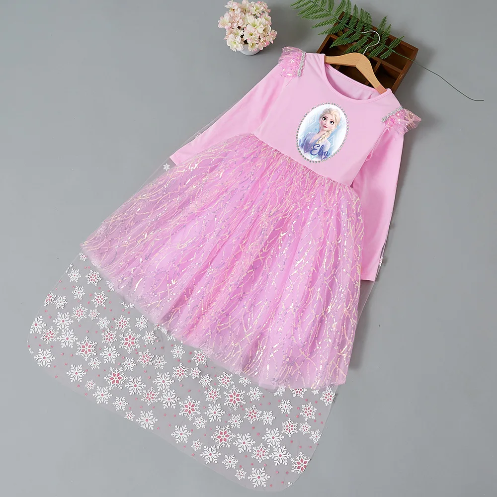 Autumn Children Dresses Kids Long Sleeve Tulle Puffy Dress Girl Halloween Party Cosplay Costume Cartoon Elsa Princess Dress