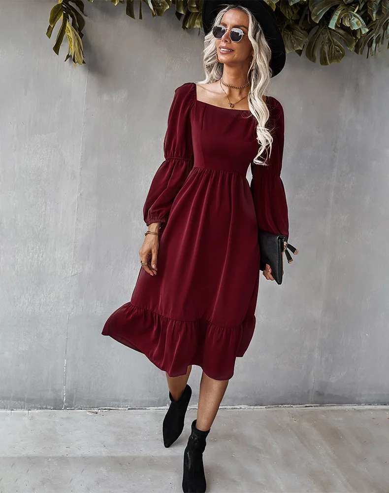 High Quality French Design Vintage Square Collar Long Fall Dress Sundress Women Elegant Dinner Long Sleeve Midi Dresses Evening